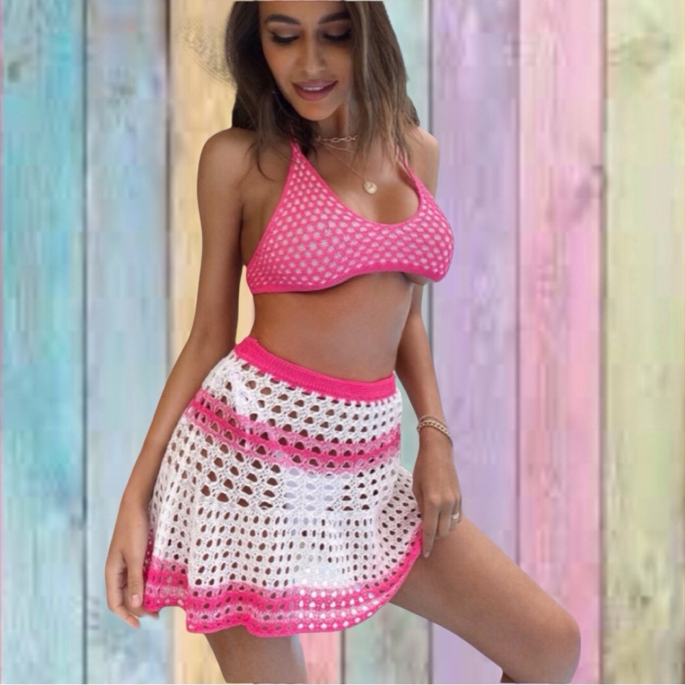 Fuchsia Pink Crochet Two Pc Tie Halter Top And Skirt Coverup Set New